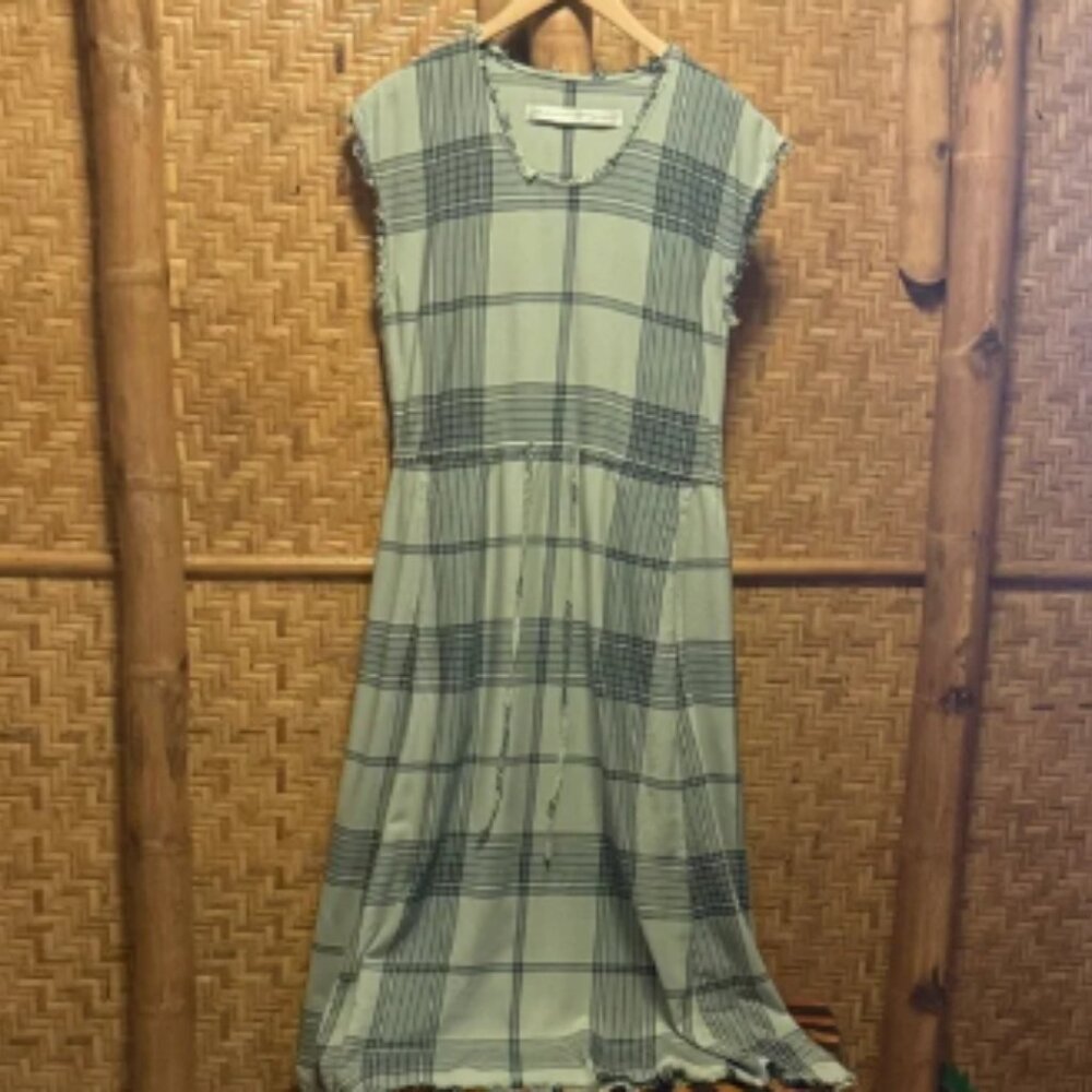 Raquel Allegra Mint Green Plaid drawstring Midi Dress small